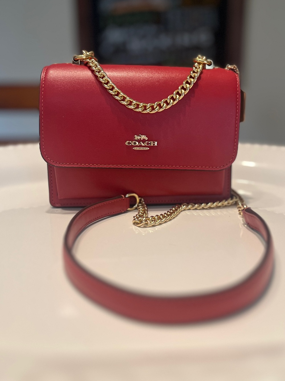 Coach CB123 Mini Klare Crossbody Calf Leather Handbag in True Red Gold